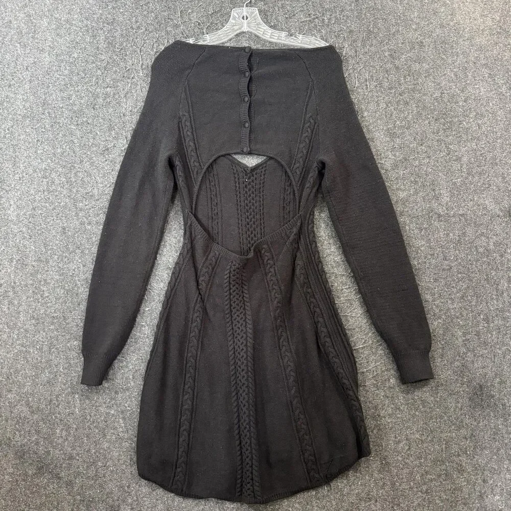 Free People Small World Dress Women's Large Black Cable Knit Cut Out Sweater